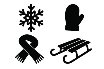Set of winter season icons including snowflake, warm mitten, knitted scarf, and wooden sled