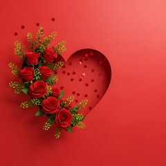 Red roses and heart shape with confetti on a red background