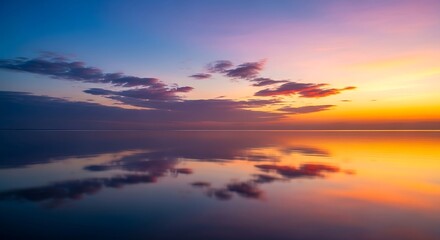 Obraz premium Serene Sunset Reflection - Clouds and Water in Vibrant Colors.