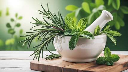 Fresh herbs and spices in a mortar for natural remedies
