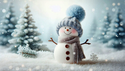 Smiling snowman with a pom-pom and scarf in a snowy forest where it's snowing lightly. AI-generated image in pale tones.