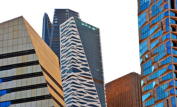 Modern skyscrapers of King Abdullah Financial District (KAFD) at sunset, Riyadh, Saudi Arabia