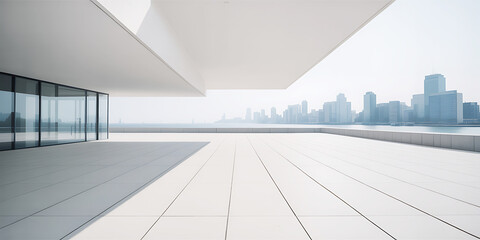 Modern architectural building overlooking cityscape with sleek design and clean lines