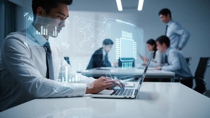 Asian Businessman Using Laptop with AI Holographic Interface in Modern Office, Visualizing Data and CPU Chip for Future Technology and Business Innovation - Powered by Adobe