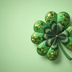 Green four-leaf clover with gold glitter on pastel background