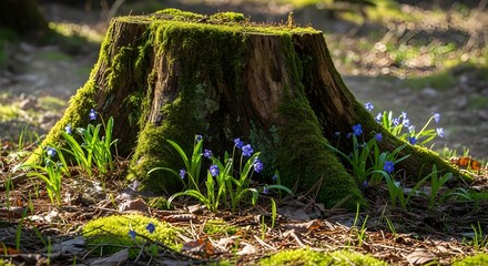 Obraz premium Old tree stump covered in vibrant green moss with delicate blue flowers in a sunlit forest