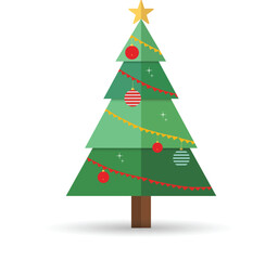 Elegant flat design Christmas tree illustration with festive ornaments and modern minimalist holiday style