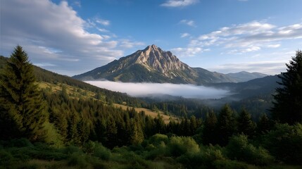 Fototapeta premium Majestic mountain peak rising above a sea of fog surrounded by dense pine forests at dawn