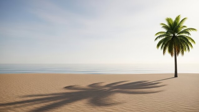 Solitary palm tree casting shadow on serene beach at sunrise