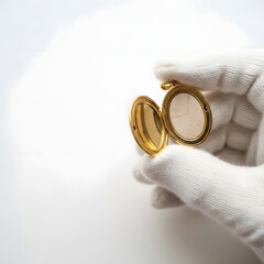 Gloved hand holds open antique gold oval locket with faded picture