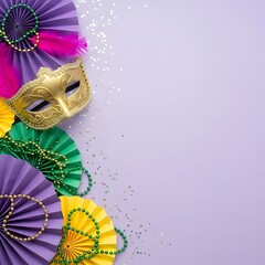 Mardi gras mask and beads with colorful fans and confetti on purple