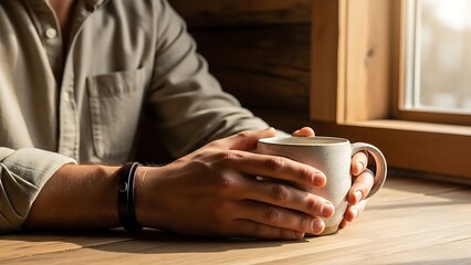 Man holding a warm cup of coffee in the morning light.