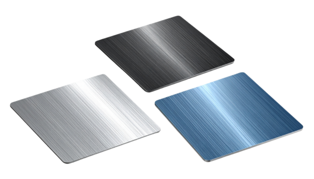 Set of Three Square Brushed Metal Textures in Silver, Blue, and Dark Gray Isolated