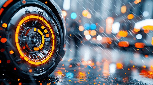Close-up of a futuristic car wheel with glowing orange lights, set against a blurred background of city lights and rain at night.
