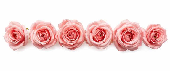 A captivating row of soft pink roses on a crisp white canvas, a delicate floral arrangement.