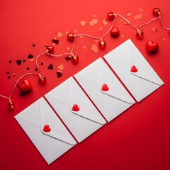Valentine's day envelopes with heart lights and confetti on red background