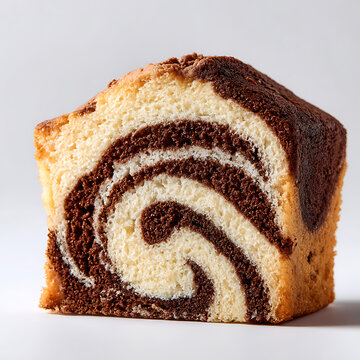 A slice of marble cake showing chocolate and vanilla swirls, isolated on white background.