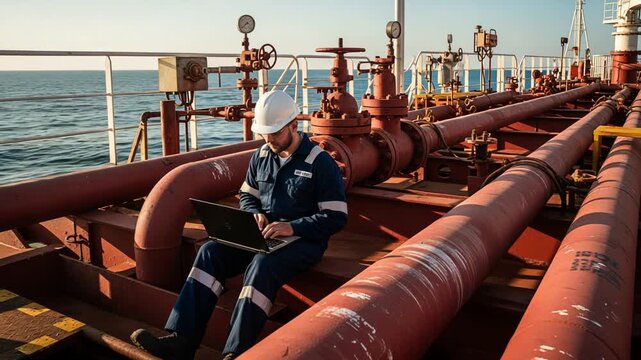 Worker analyzing machinery amidst nautical environment under sunlight