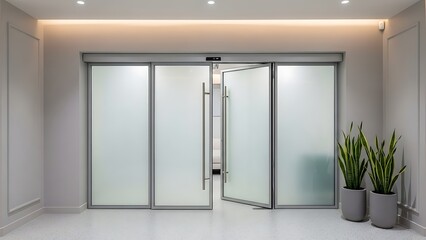 Modern frosted glass automatic doors in a contemporary office building.