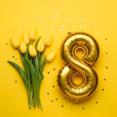 Yellow tulips and gold number 8 balloon on yellow background with stars