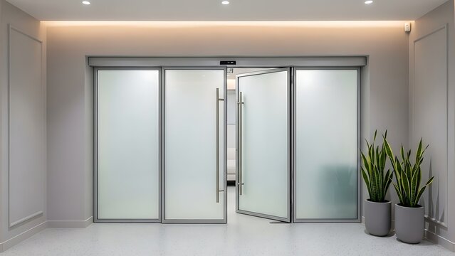 Modern frosted glass automatic doors in a contemporary office building.