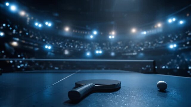 A stadium ping pong table under bright blue lights; paddle and ball rest on glossy surface. upstage