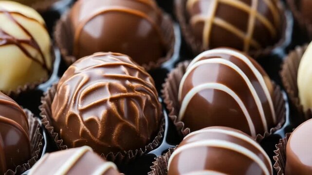 Selective focus. Close-up of assorted pralines showcasing different chocolate flavors