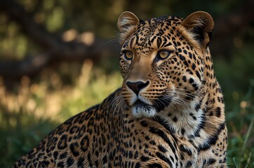 Leopard resting calmly in dappled sunlight among green foliage