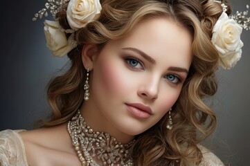 Fototapeta premium Elegant woman with floral crown and vintage jewelry posing softly