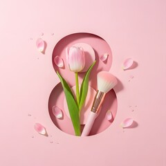 Pink tulip and makeup brush artfully arranged in a number eight shape