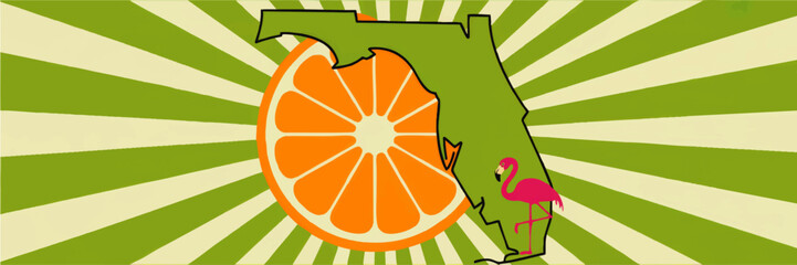 Retro Florida map illustration with orange slice and pink flamingo on green sunburst background, vibrant travel tourism artwork
