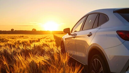 White car parked on a golden wheat field at sunset with the sun low on the horizon creating a warm glow and lens flare effect.