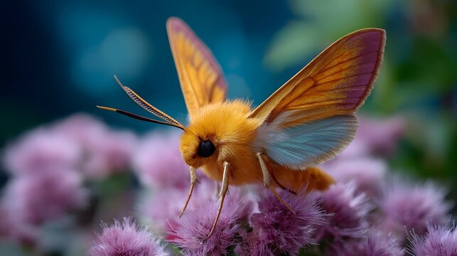 A fuzzy orange moth with colorful wings rests on delicate pink flowers in a close up ro shot