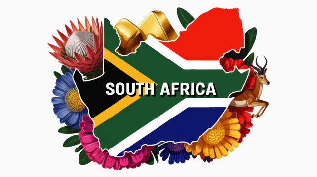 South Africa map illustration with national flag, floral wreath, springbok antelope and gold ribbon, patriotic travel design