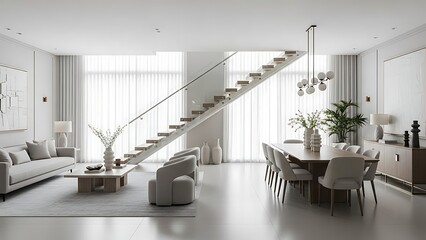 Open and bright modern interior showcases a dining area and a floating staircase design.