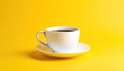 White coffee cup filled with dark coffee resting on a matching saucer against a vibrant solid yellow background with studio lighting