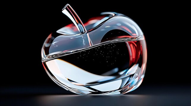 A glass apple filled with water, set against a black background, illuminated with studio lighting.