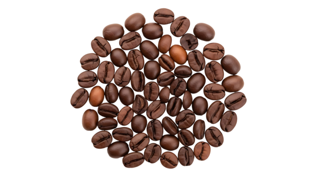 Circle of roasted coffee beans on black background