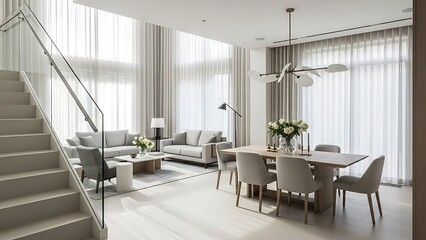 Bright and airy interior featuring a living room and dining area with minimalist decor.