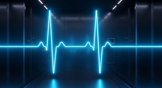 Glowing Blue Heartbeat Pulse Line in a Dark Medical or Technology Setting for Healthcare Visualization