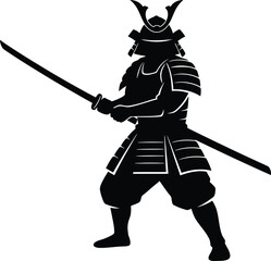 Fototapeta premium Powerful black silhouette of a Japanese samurai warrior in traditional armor, holding a formidable katana sword, a striking minimalist flat vector illustration with high contrast