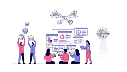 Obraz premium Digital Collaboration Matrix Futuristic Teamwork Vector Illustration