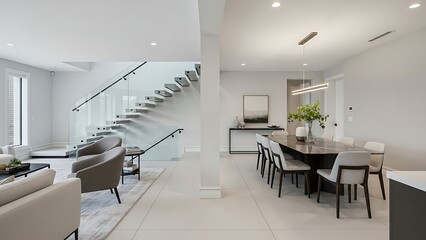 Serene modern home interior features open-concept living and dining area with floating staircase.