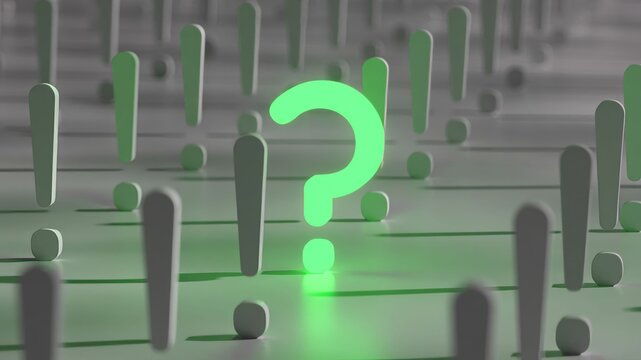 One glowing green question mark standing out in a crowd of gray exclamation points, representing the concept of curiosity, inquiry, problem-solving, and finding unique solutions