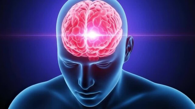 3D medical visualization of the human brain showing highlighted neural activity and frontal region focus &mdash; AI generated video