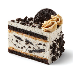 A slice of Oreo cookies-and-cream cake with crushed cookies, isolated on white background.