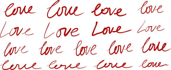 Naklejka premium Collection of 17 handwritten “love” lettering variations in red ink. Modern romantic calligraphy set for Valentine’s Day designs, cards, stickers, prints, patterns, and typography projects