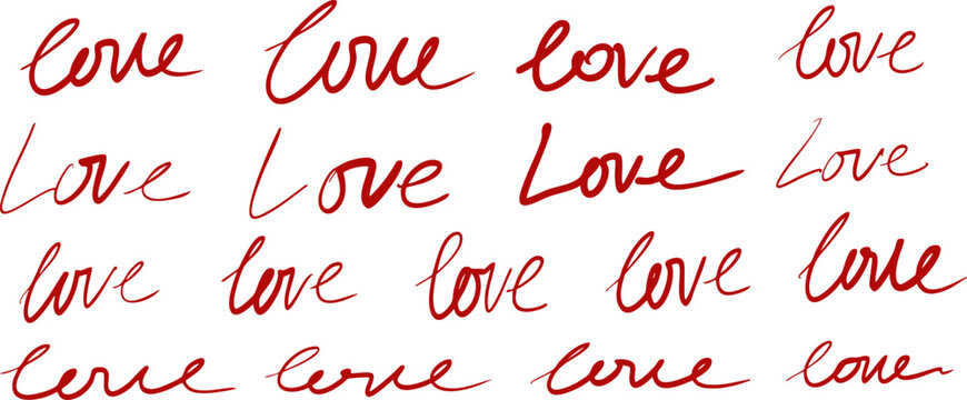 Collection of 17 handwritten “love” lettering variations in red ink. Modern romantic calligraphy set for Valentine’s Day designs, cards, stickers, prints, patterns, and typography projects