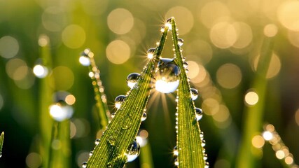 ﻿Slow motion extreme macro shot of shimmering dew droplets reflecting intense sunlight on the microscopic tips of green grass blades shimmering dew droplets, wet, slow motion