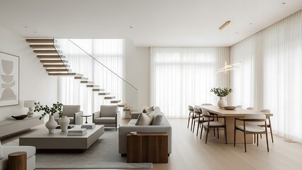 Bright and airy modern interior featuring a living room and dining area combination.